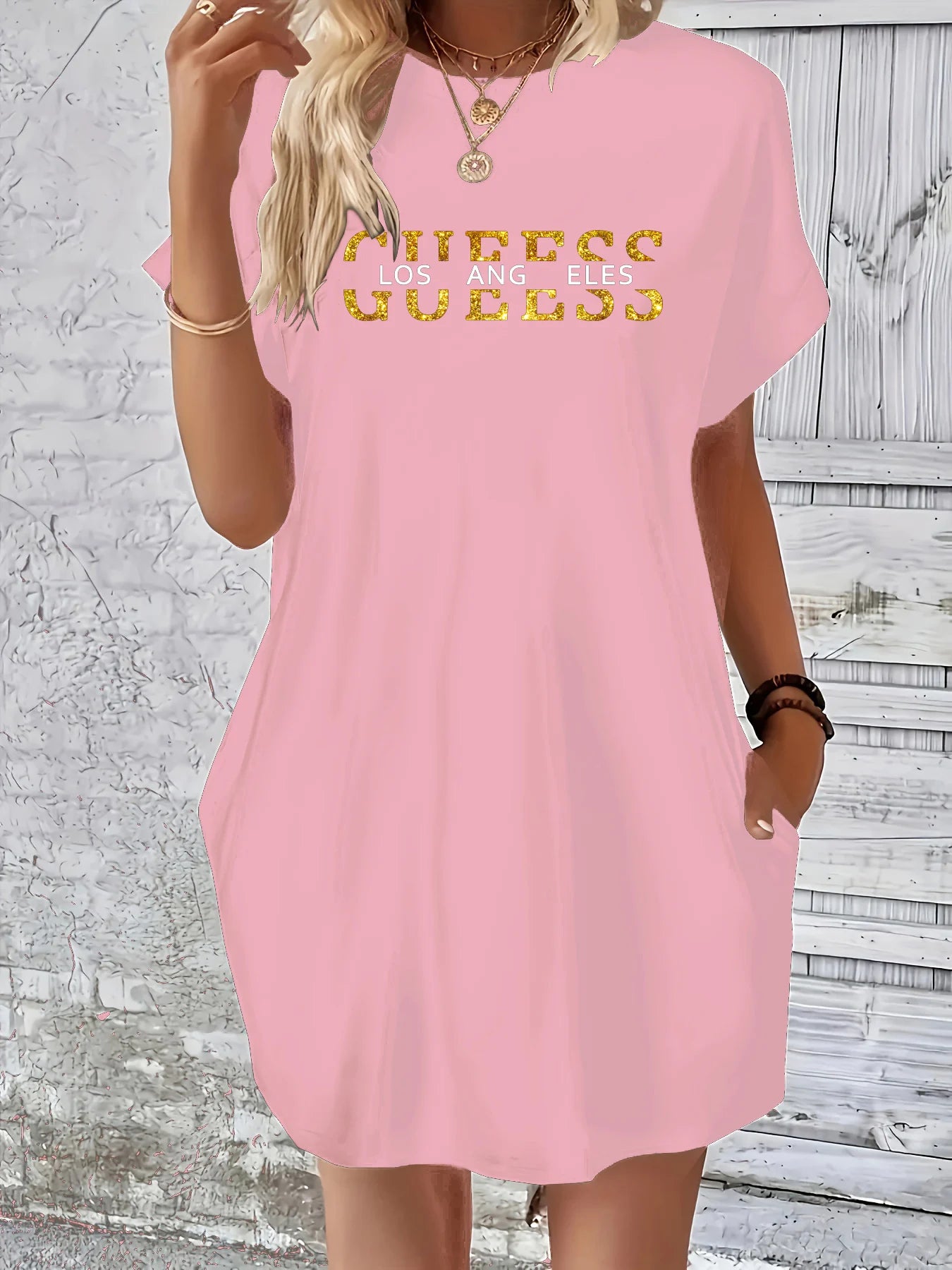 Gueess Los Angeles letter pattern print round neck short sleeved pocket comfortable Dress