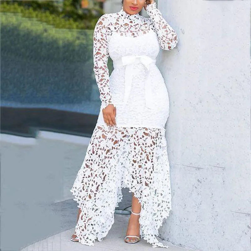 French Lace Bubble Sleeves Waist Cinching Slimming Dress Elegant Long Dress