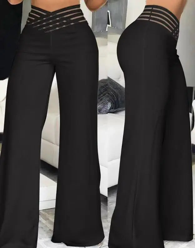 Fashionable Trendy Women's Hollowed Out Waist Belt High Waisted  Wide Leg Pants