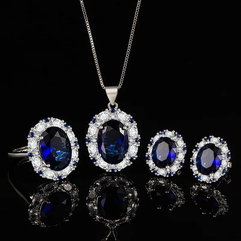 Silver 925 Jewelry Set Ring Earrings Necklace with Zircon Gemstone Accessories for Women Wedding Engagement Party Gift