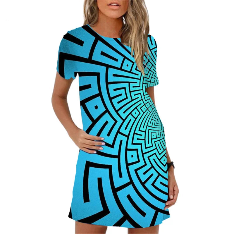 Summer Short Sleeve Mini Dress Vintage Geometric Pattern
