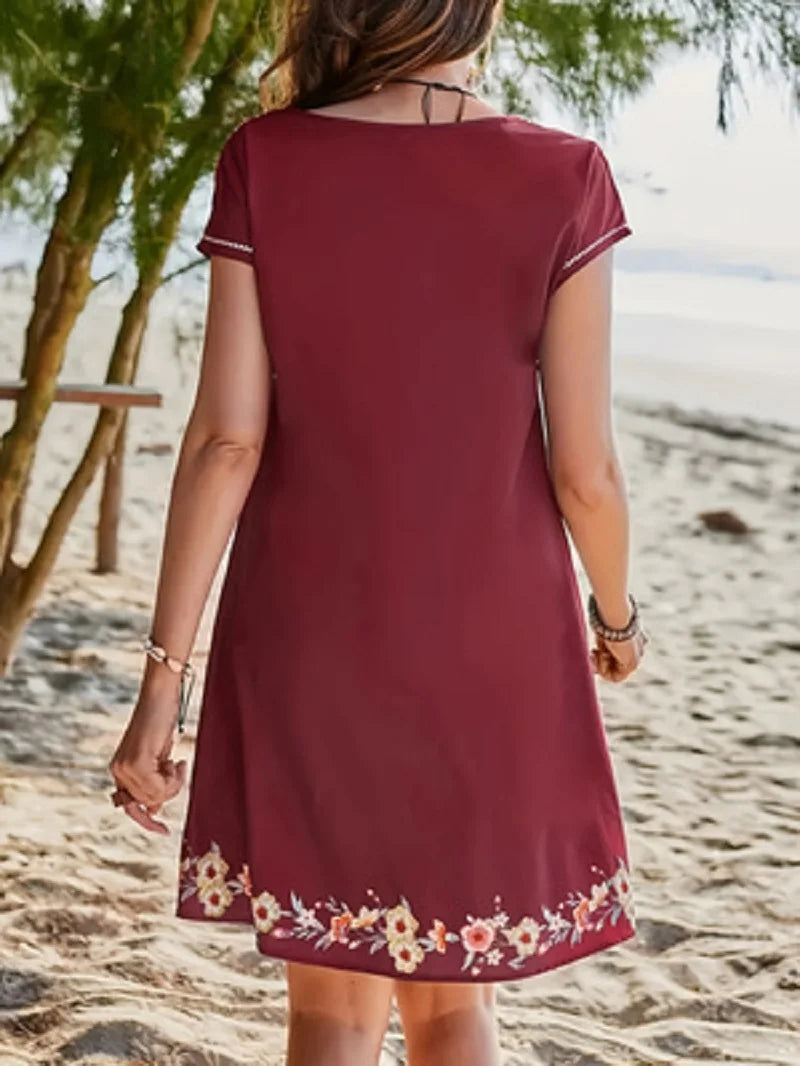 Bohemian Floral Print V-neck Slimming Short-sleeved Straight Dress
