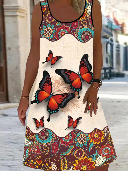 elegant round neck ethnic style print large size sleeveless women's dress
