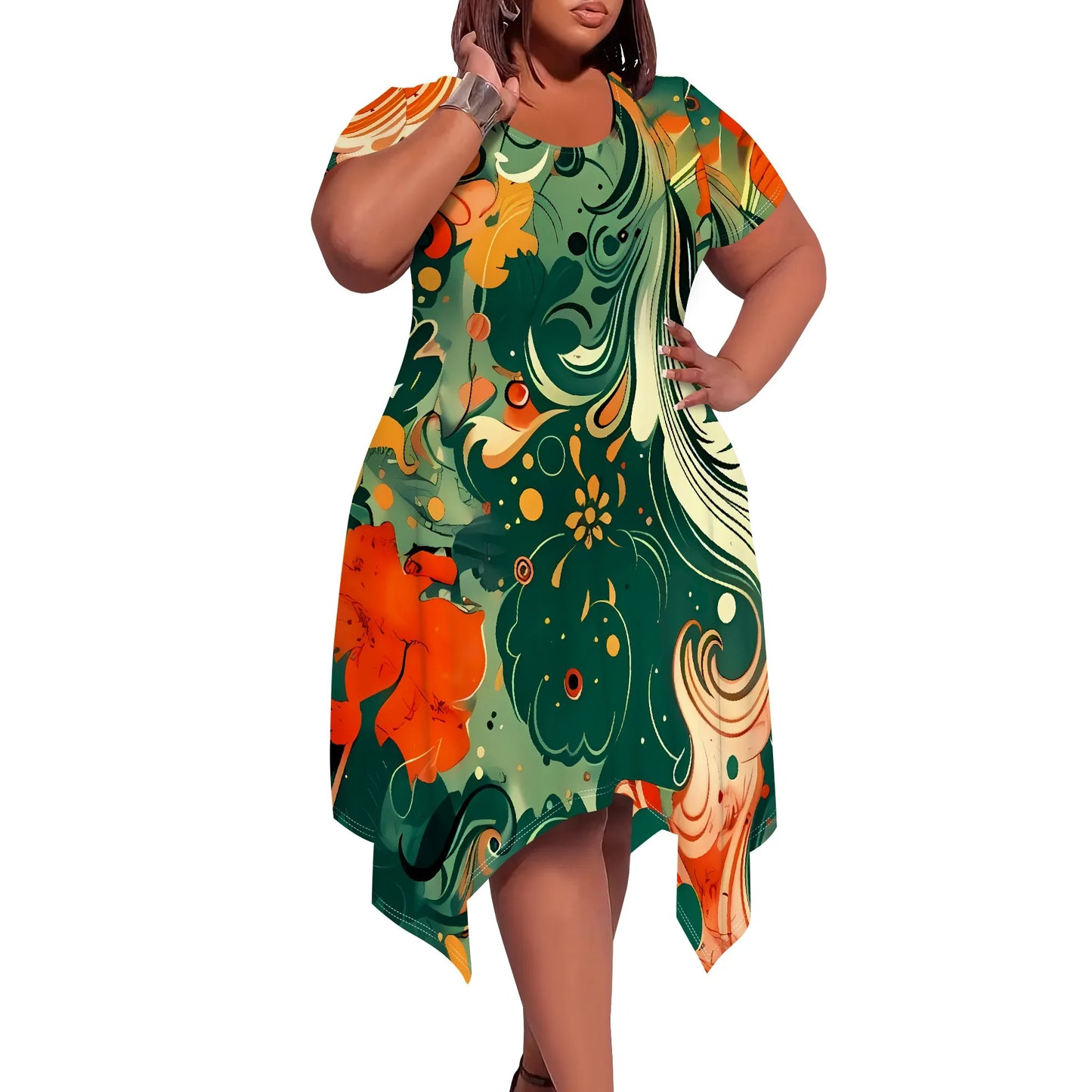 Eclectic Patchwork Abstract Round-Neck Short-Sleeve Dress