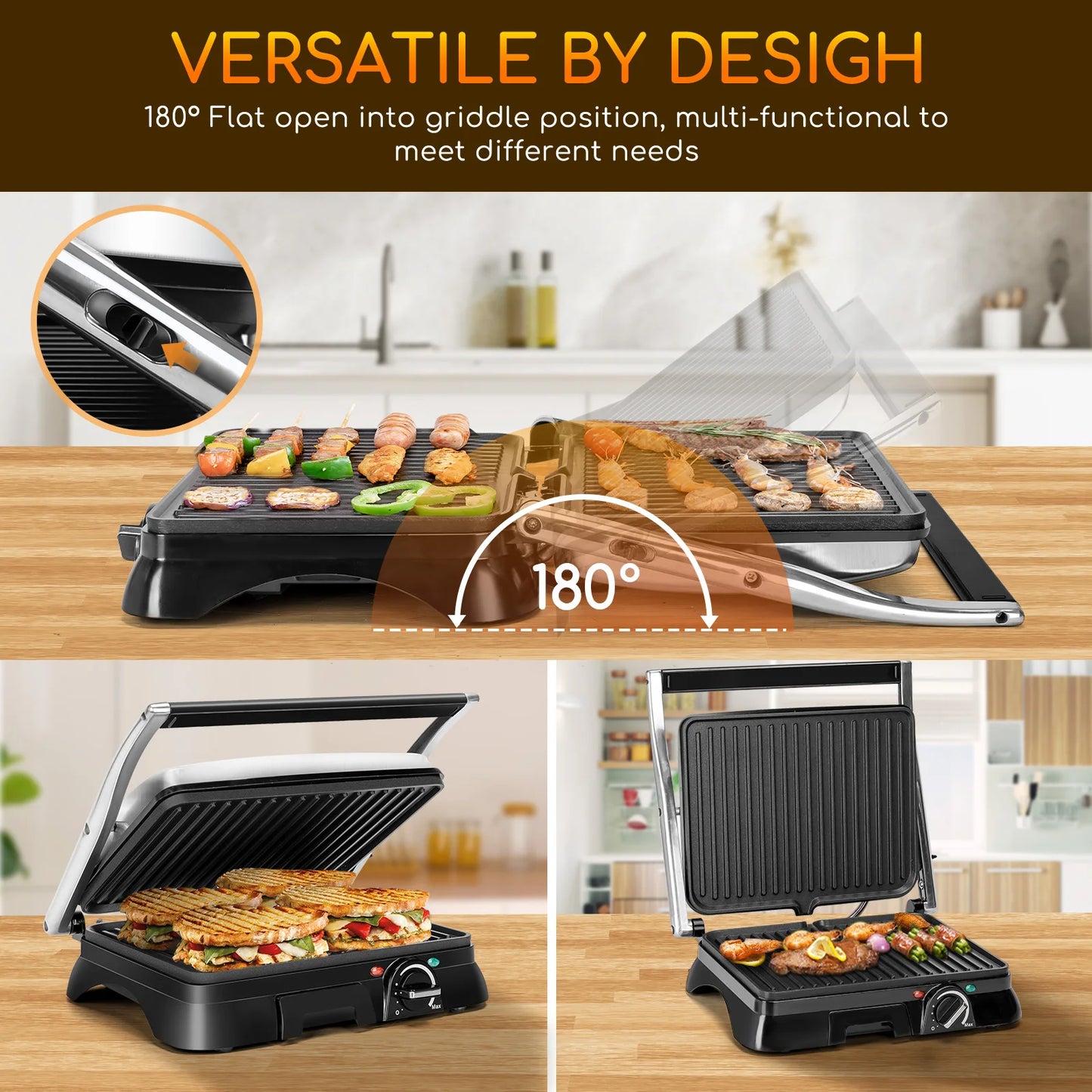 Electric Grill, Sandwich Maker, Non-Stick Coating, Temperature Regulator, 180º Opening, Bpa Free, 2000W