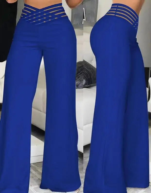 Fashionable Trendy Women's Hollowed Out Waist Belt High Waisted  Wide Leg Pants