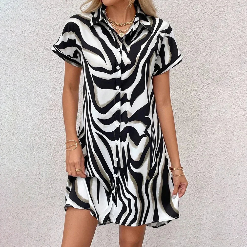 Summer Striped Printed Outdoor Sleeve Dresses Single Breasted