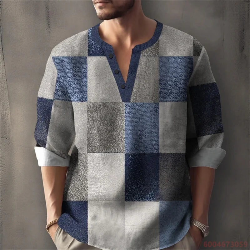 Long sleeved shirt for summer vacation, a color-blocked geometric print and Henley collar