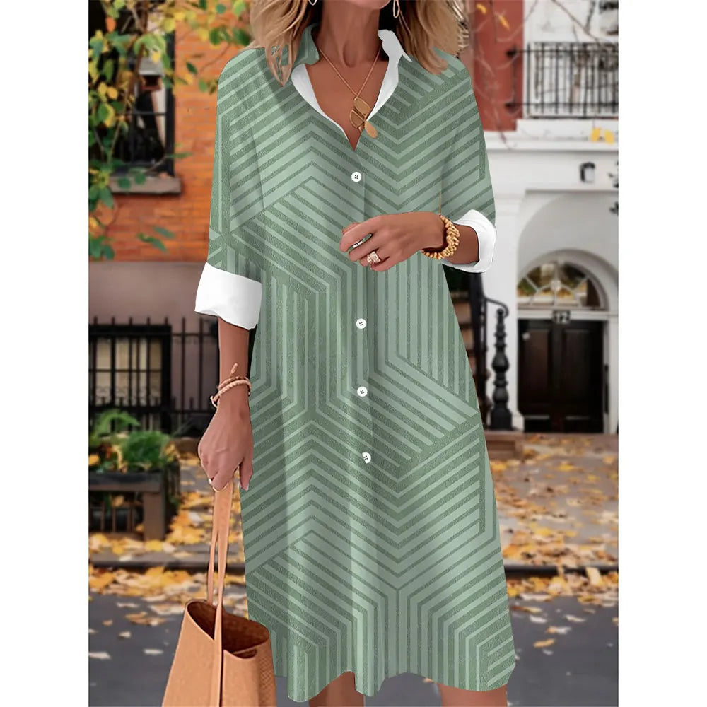 Printed V Neck Long Sleeves Button Sexy  Beach and Party Dress