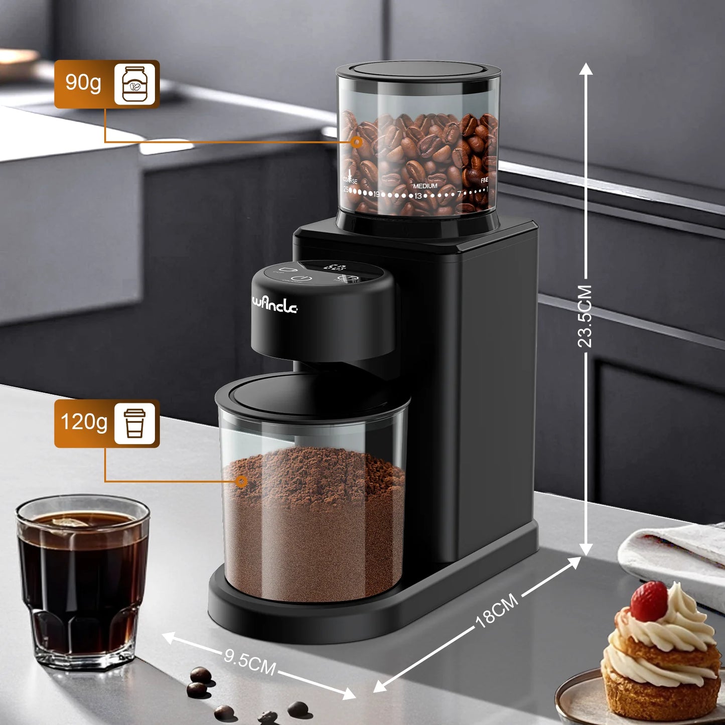 Electric Conical Burr Grinder Coffee Bean Grinder with 25 Grind Setting for French Espresso Touchscreen Dual Modes Grinding