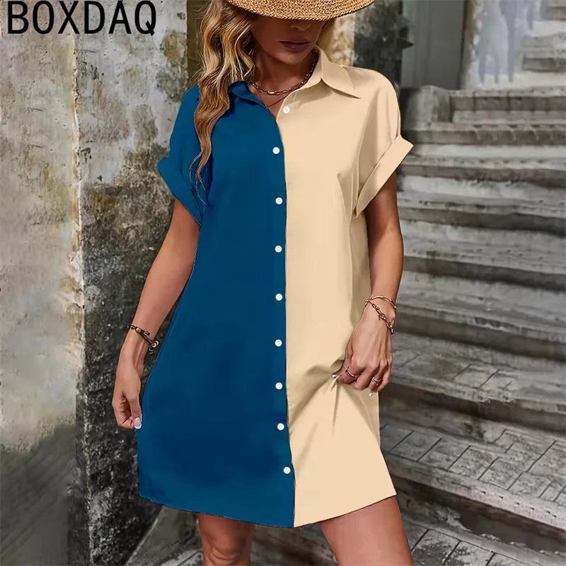 Two Tone Spliced Shirt for Summer Evening  Casual Dress