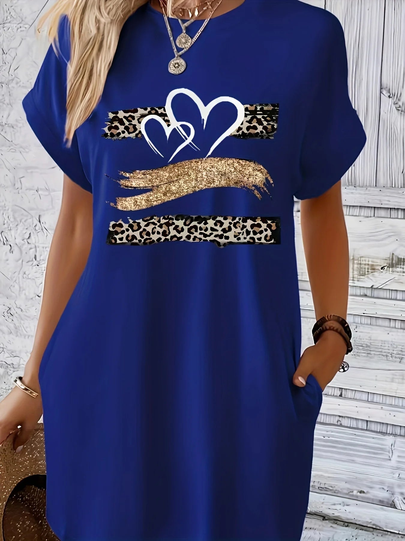 Knit TShirt Dress with Heart  Print Crew Neck Short Sleeve Fashionable