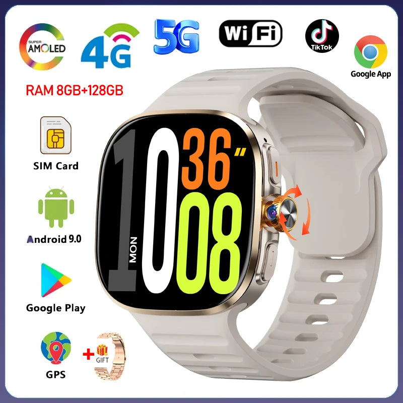 5G/4G Full Network Smart Watch 2.40 inch Big Screen HD Video Call 8GB+128GB RAM 2100mAh Google Play WIFI GPS Sim Card