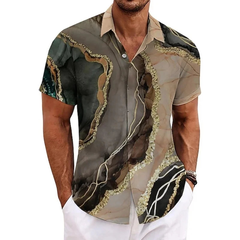 Men's Summer Patchwork Printed Button  Sleeve Shirt Tropical Vacation