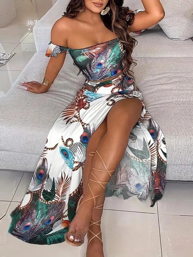 Bohemian Two-piece Set Women's Off-shoulder Elastic Solid Color Vest With feather Print High Waist Slit Skirt Set