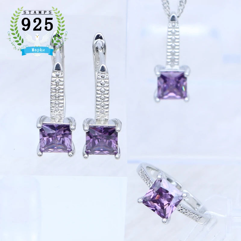 Sterling Silver Jewelry 3Set for Women Square Emerald Open Ring Earrings Pendant Necklace Free Gift Box