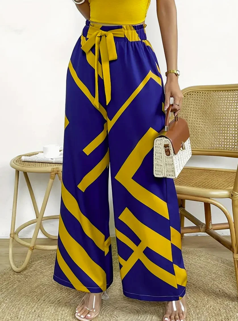 Geometric Pattern Print Wide Leg Pants Bow Front High Waist Pants For Every Day
