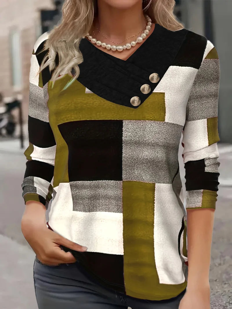 fashion plaid print V-neck button plus size women's long sleeve t-shirt