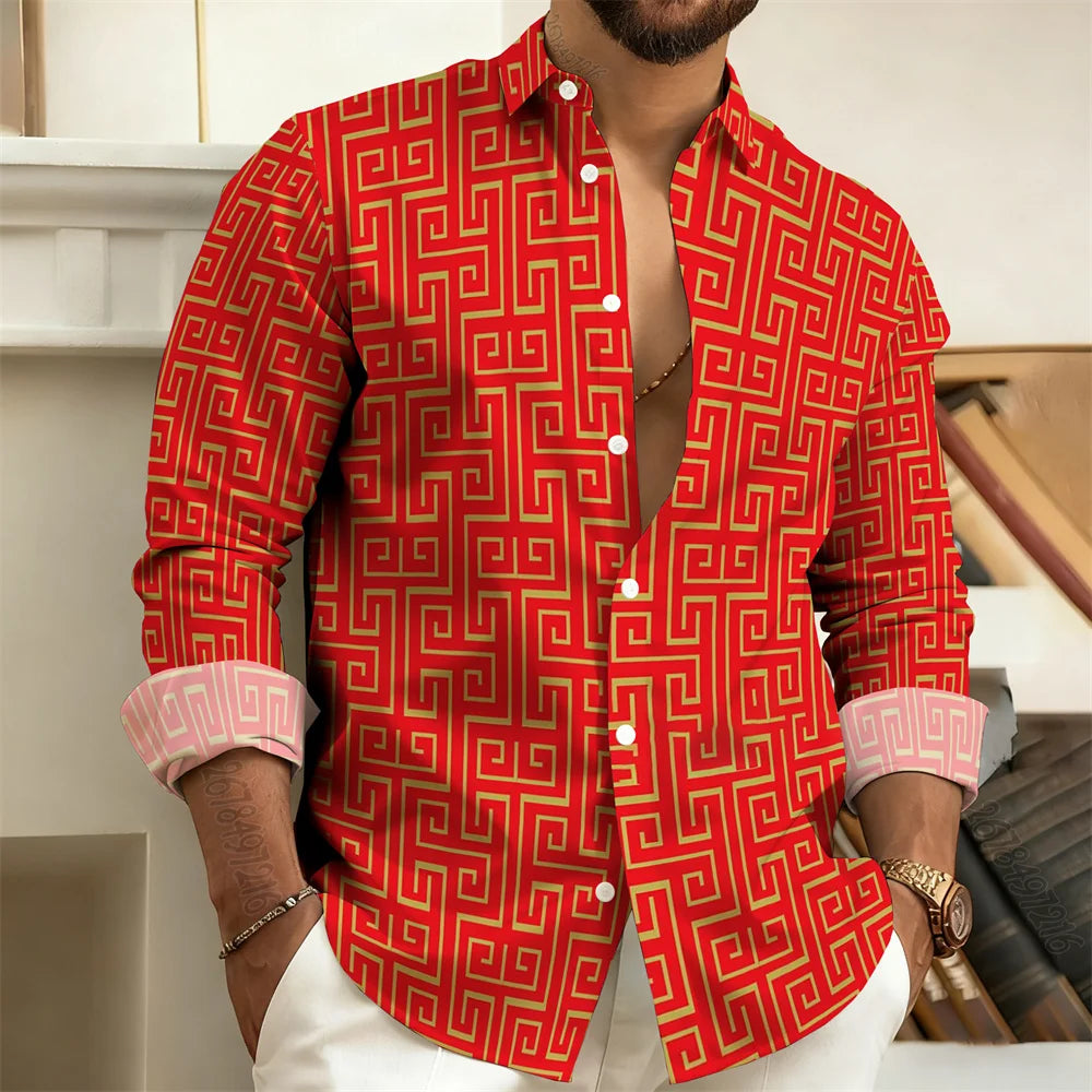 Long-Sleeved Polo Shirt, Vintage Print Style with Greek Key Pattern