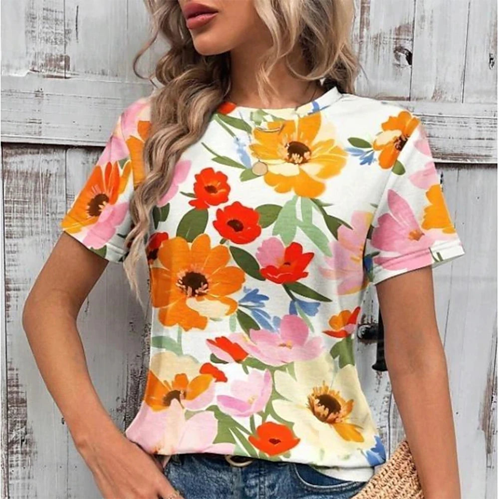 Short Sleeve T-Shirts 3d Flower Print Round Neck
