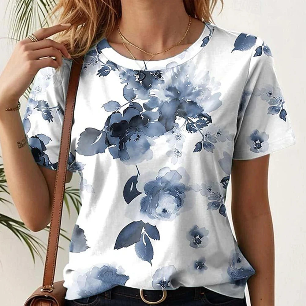 Short Sleeve T-Shirts 3d Flower Print Round Neck
