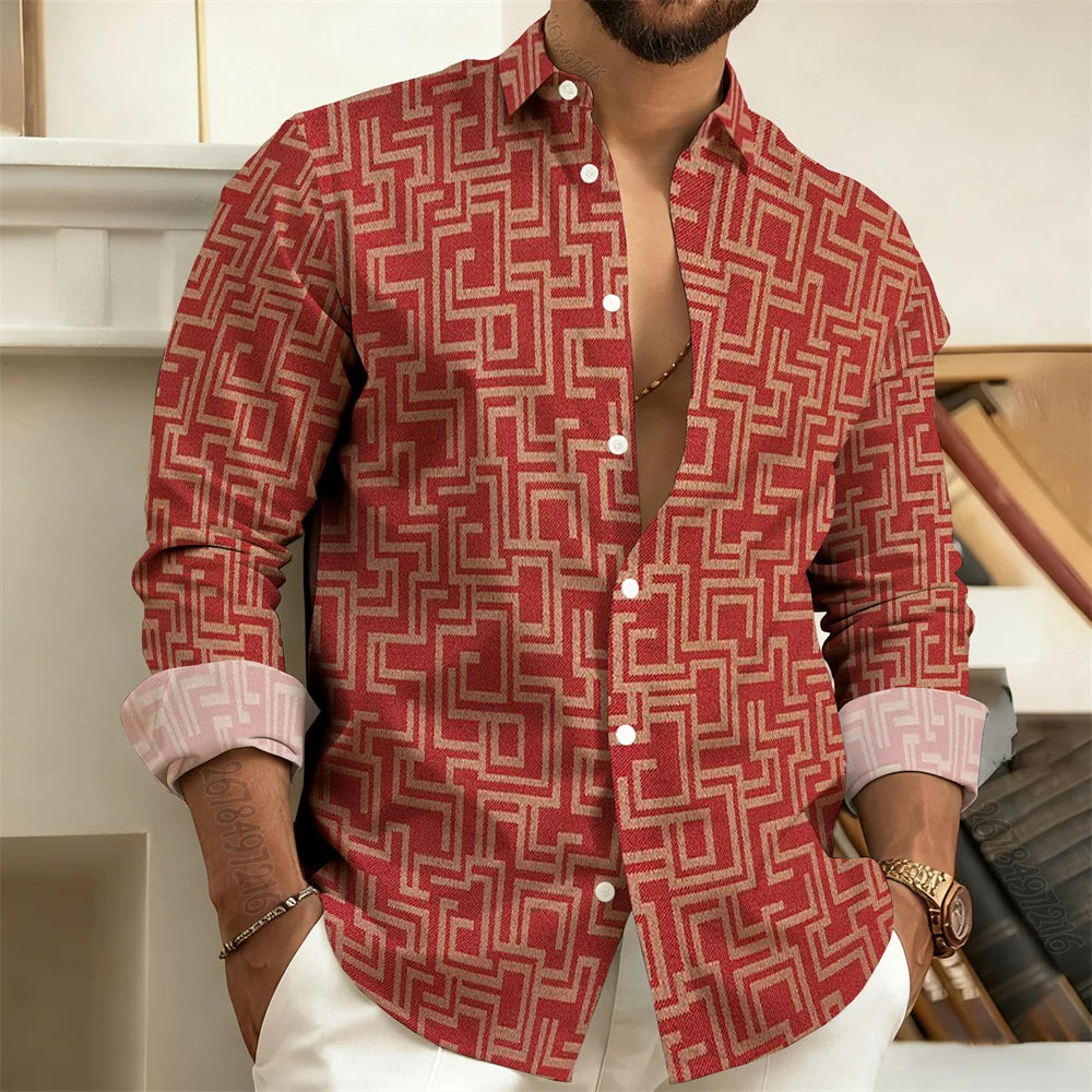Long-Sleeved Polo Shirt, Vintage Print Style with Greek Key Pattern