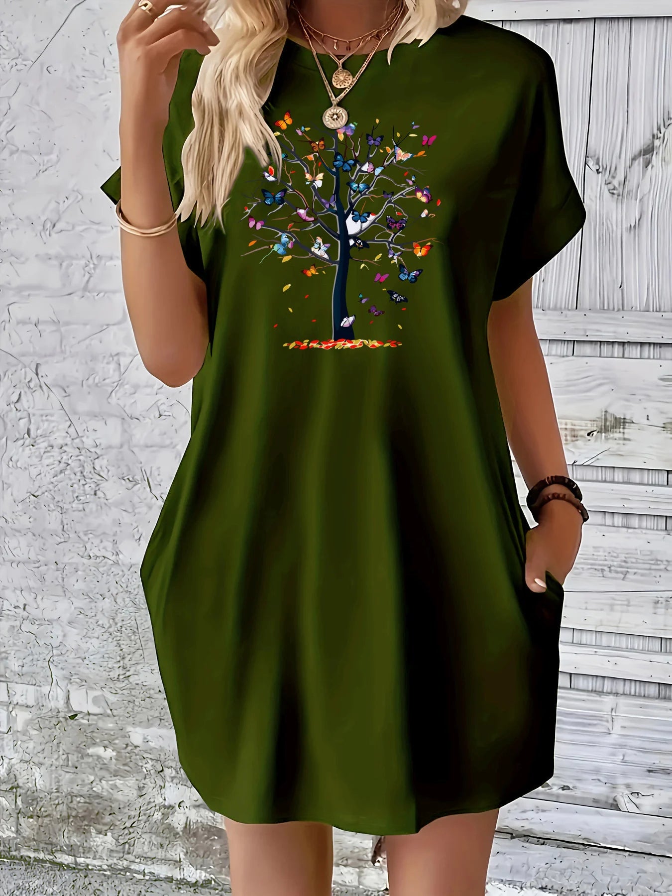 Butterfly tree pattern printed round neck short sleeved pocket comfortable Dress