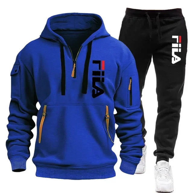 men hooded sweatshirt + Trouser, outdoor multi-pocket men's pullover sportswear set