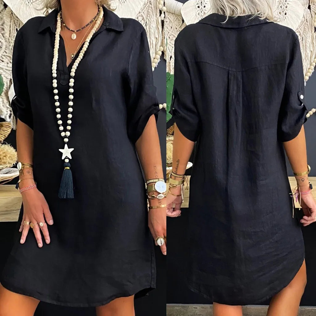 Blouse Dress Vintage Short Sleeve Loose Solid Mini Dress