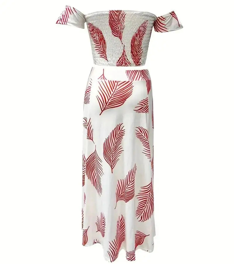 Bohemian Two-piece Set Women's Off-shoulder Elastic Solid Color Vest With feather Print High Waist Slit Skirt Set