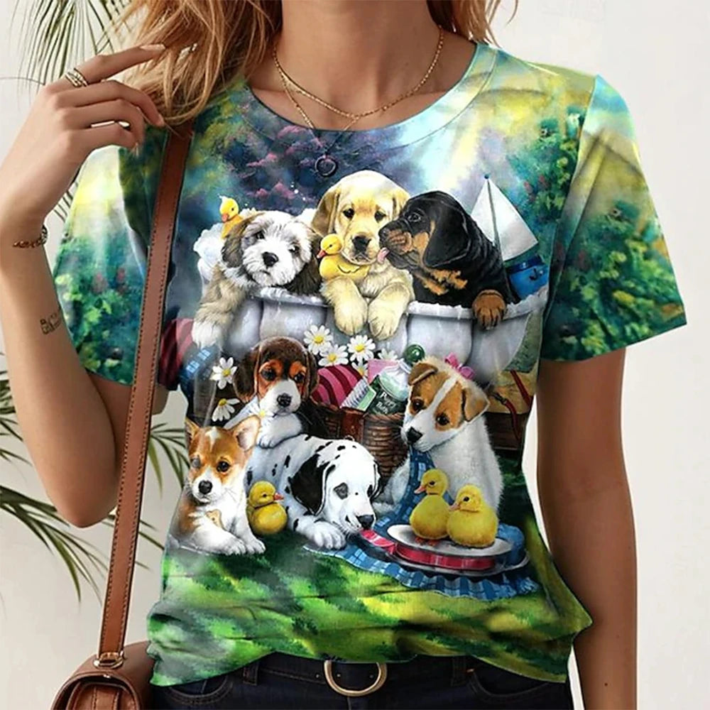 Short Sleeve T-Shirts 3d Flower Print Round Neck