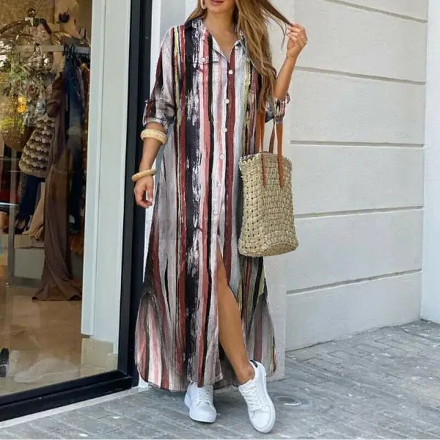 Long Sleeve  Pocket Button Print Shirts Dress