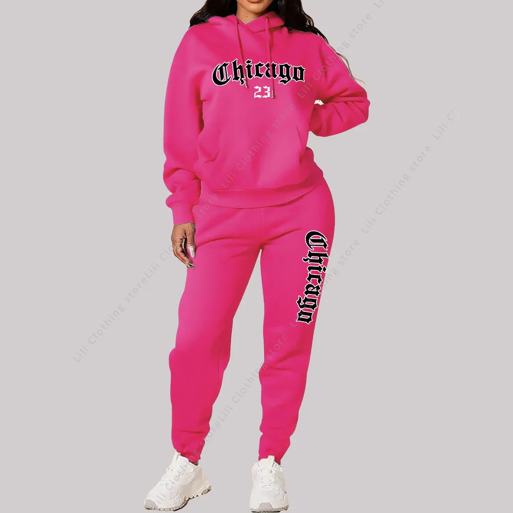 Women's Sets Hoodies Pants 2 Piece Outfits Chicago Graphic Letter Print