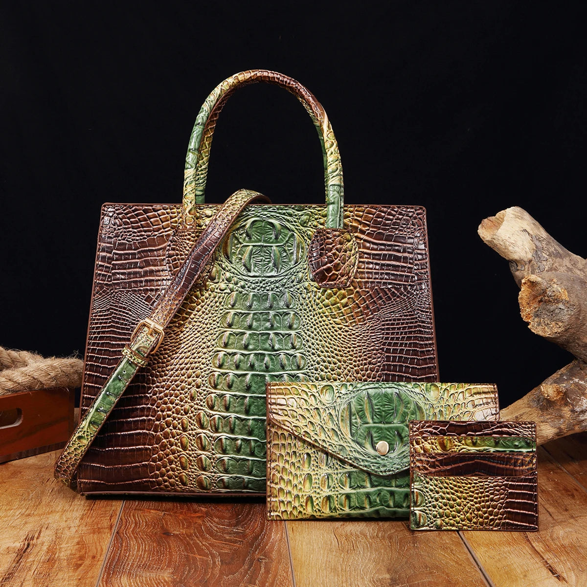 3 set Crocodile Pattern Handbag & Purses Set, Multi-functional Vintage Top Handle Crossbody Bag & Business Clutch Bag