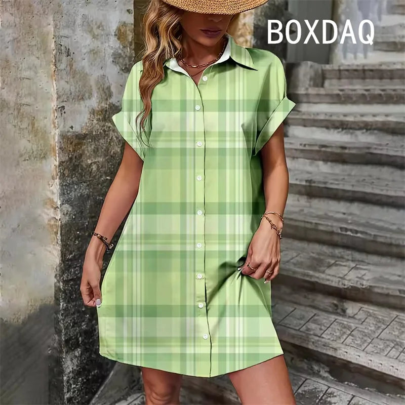 Elegant Vintage Striped Print  Short Sleeve With Button  Dress