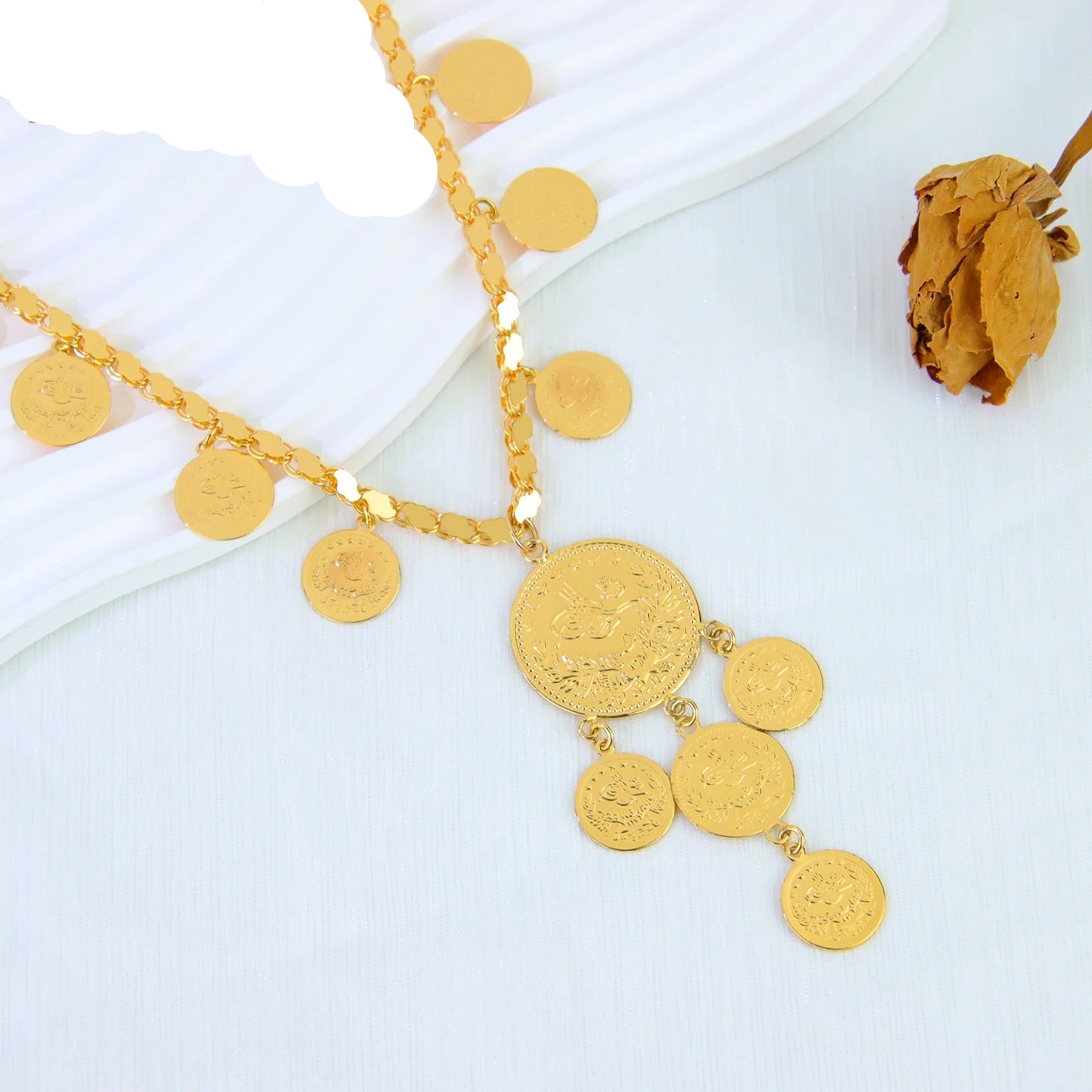 Luxury Dubai Wedding Long Necklace Coins Pendant 21k Gold Plated Jewelry