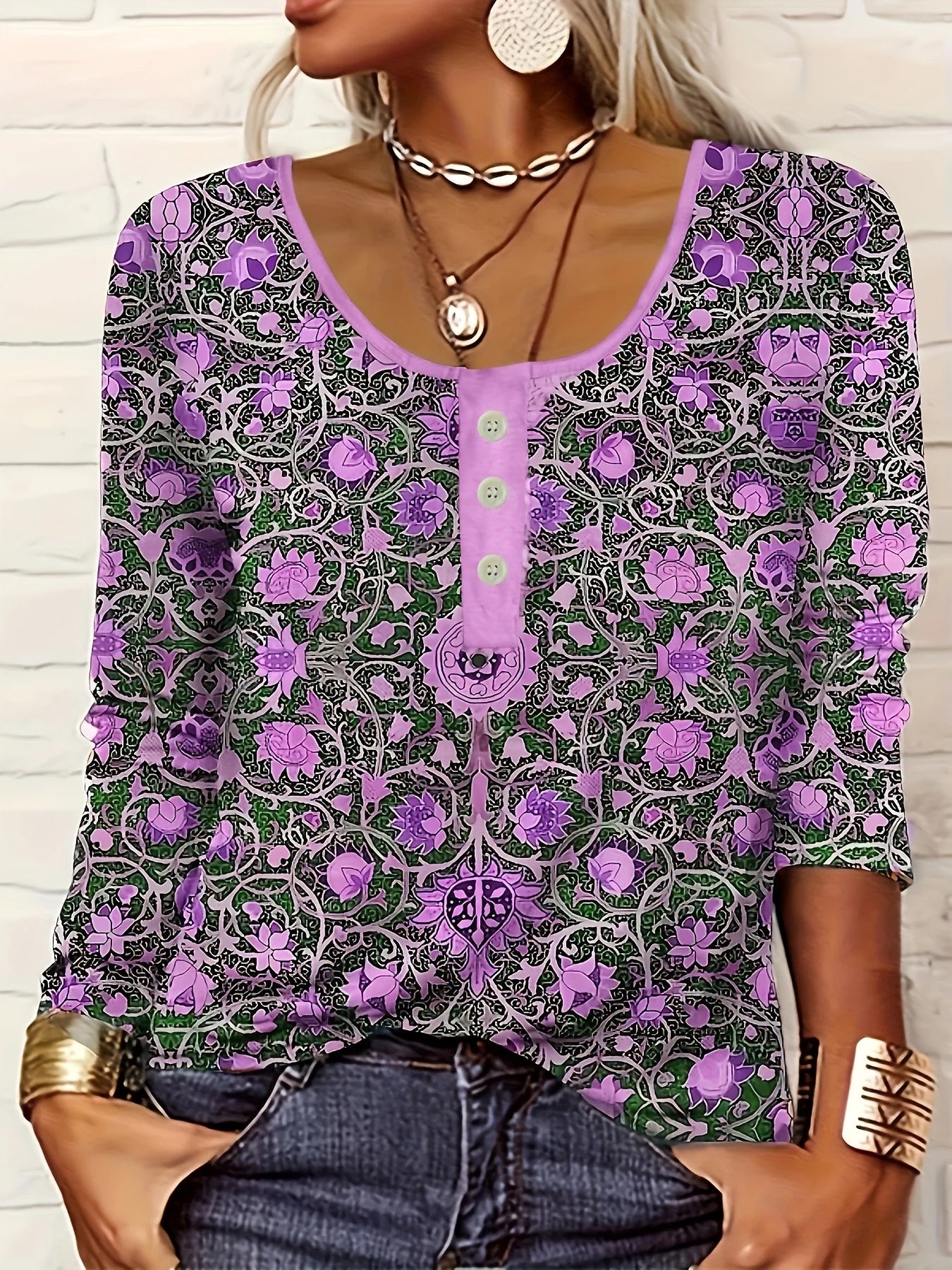 thin button ethnic print plus size women's long-sleeved T-shirt
