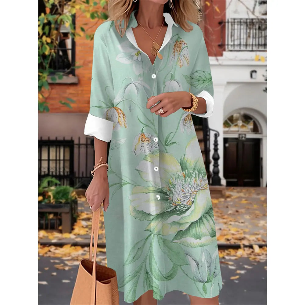 Printed V Neck Long Sleeves Button Sexy  Beach and Party Dress