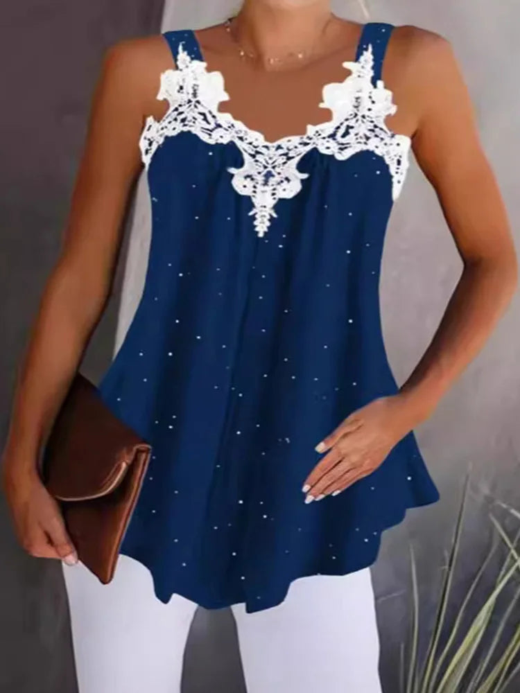 Luxurious V-Neck Sleeveless Lace Patchwork Solid Color