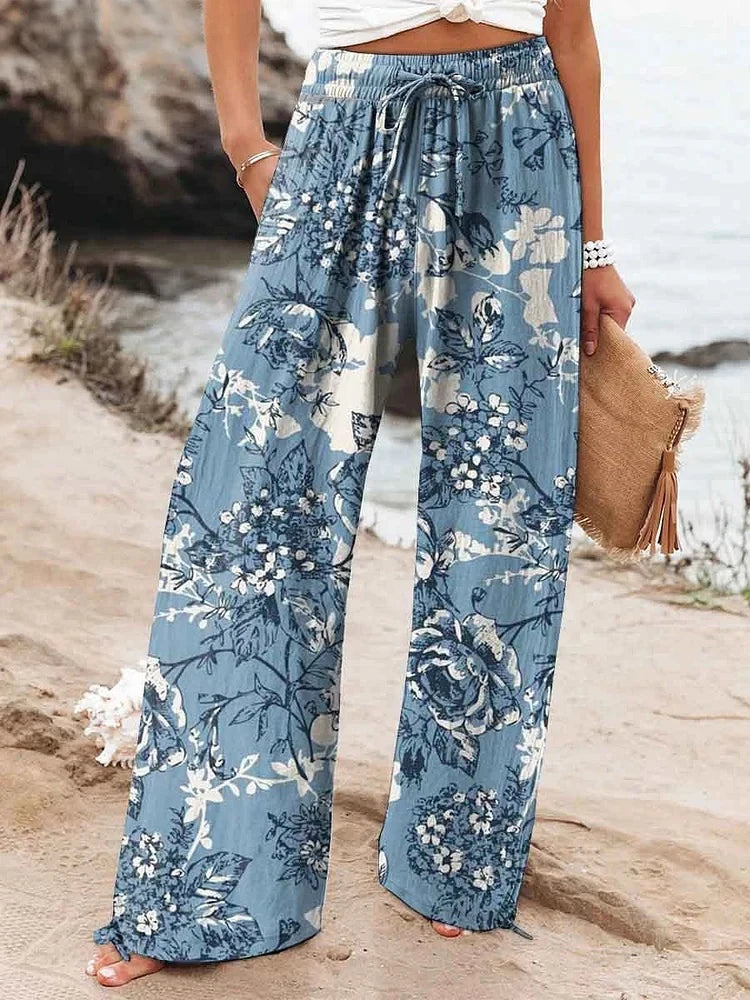Relaxed-Fit Casual Pants 3D Floral Print Comfortable Breathable Fashionable Wide-Leg Pants