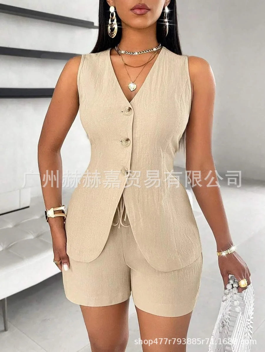 Cotton Linen Shorts Sets Solid Color V-Neck Slim Tops Office Lady Shorts Suits