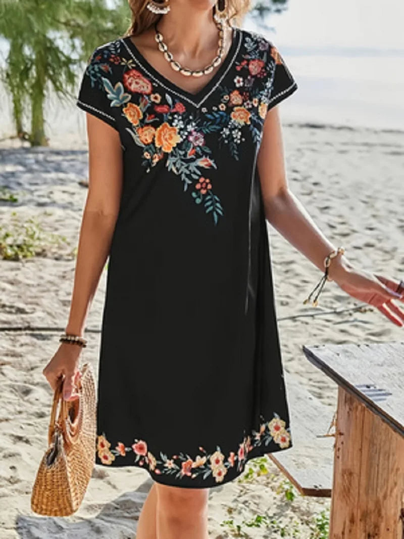 Bohemian Floral Print V-neck Slimming Short-sleeved Straight Dress