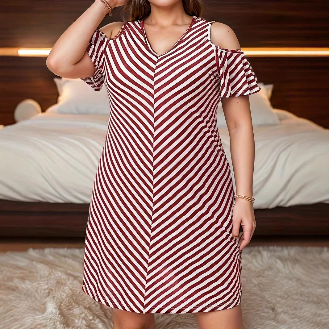 Summer Off Shoulder Short Sleeve Loose  V-Neck Mini Dress