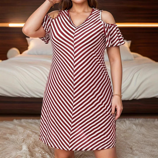 Summer Off Shoulder Short Sleeve Loose  V-Neck Mini Dress