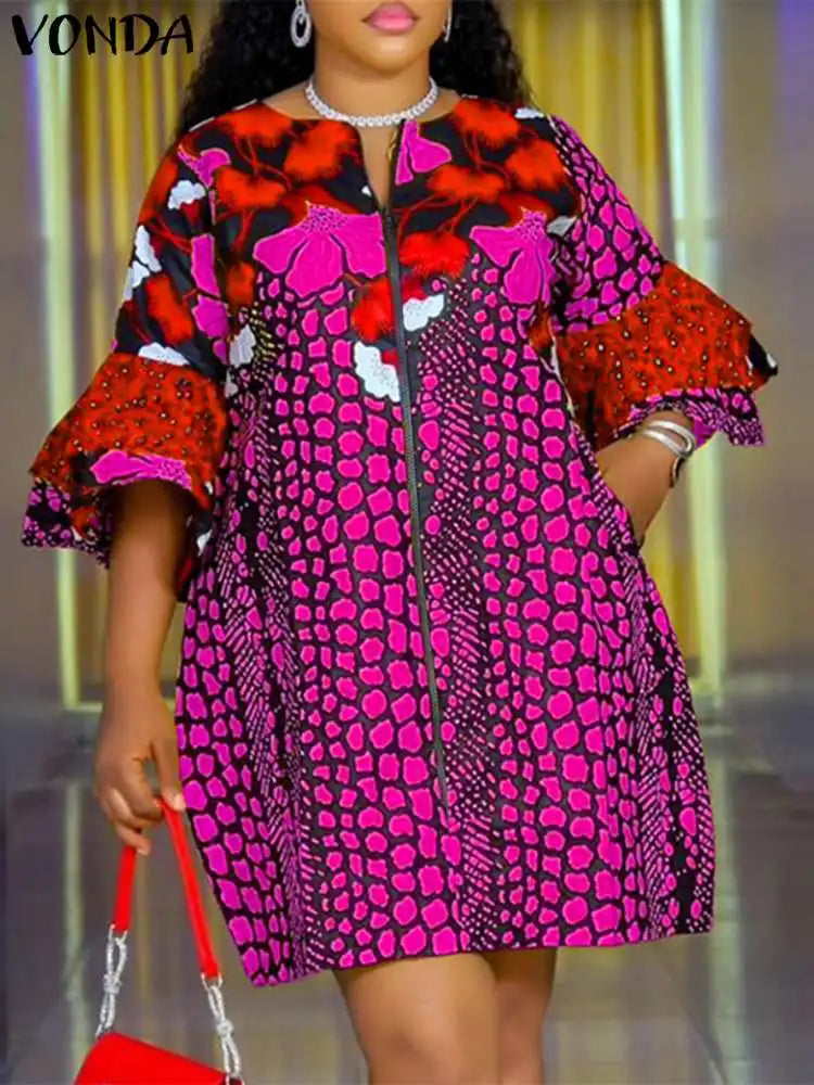 Plus Size Short Dress Flare Sleeve Party Sundress