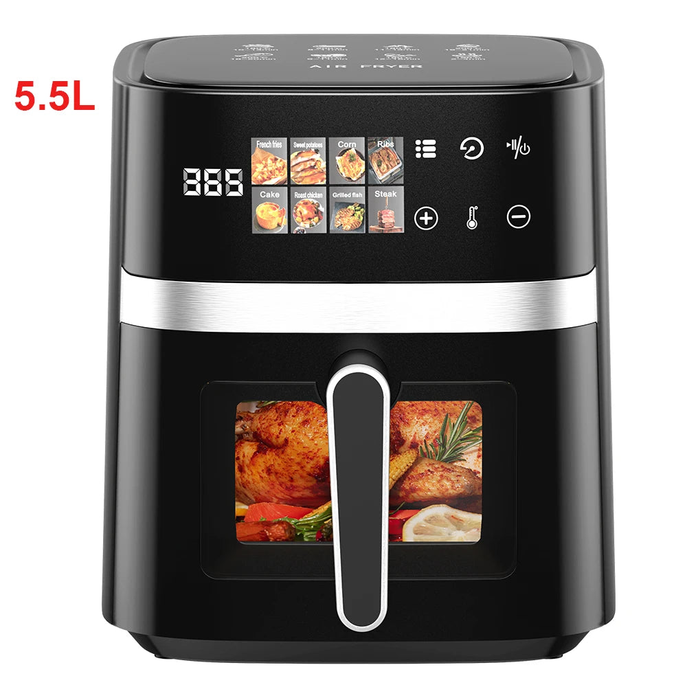 Patbrela 5.5L Air Fryer 8-in-1 Electric Hot Oven with Digital LED Screen Visible Window Max 200°C 1350W New Black Non-fat fryer