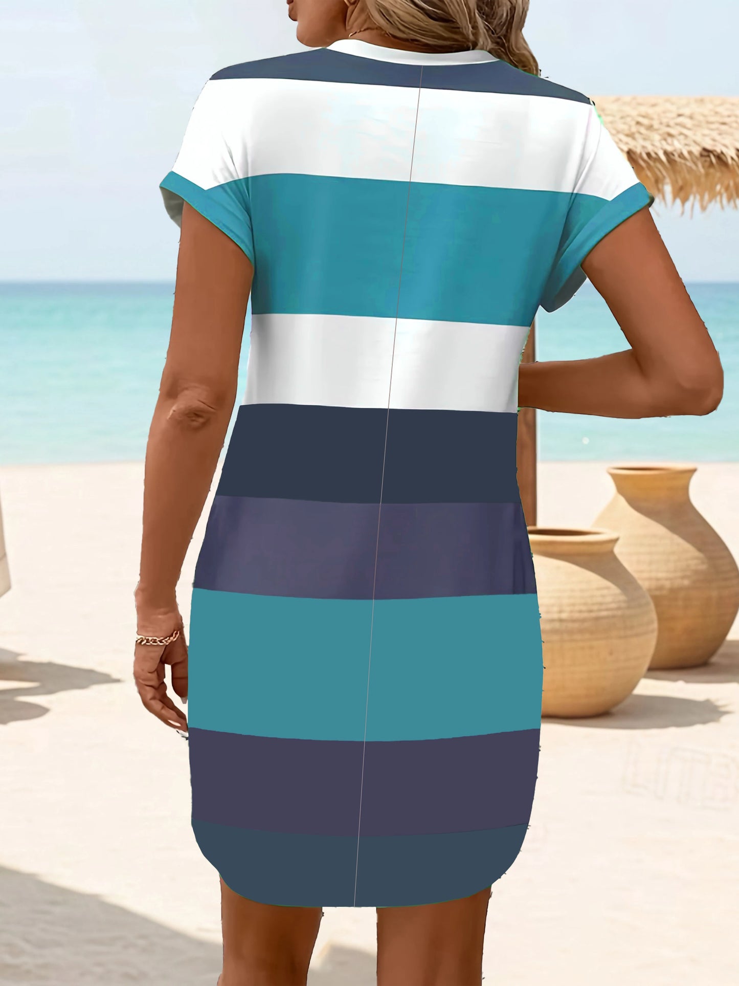 Elegant Stripes, Roll-Up Sleeves, Pockets - Comfortable & Casual Women's Dress