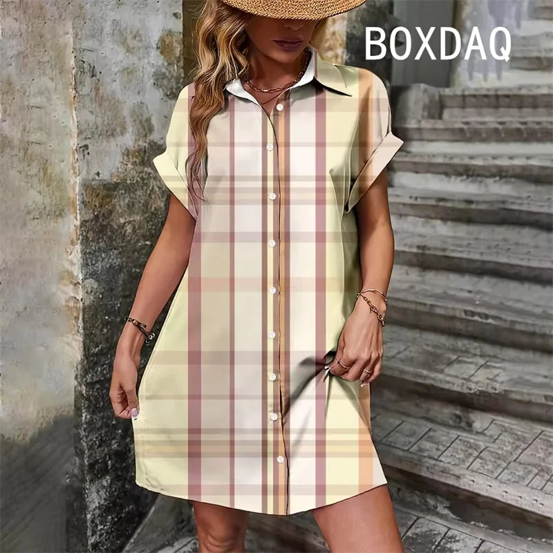 Elegant Vintage Striped Print  Short Sleeve With Button  Dress