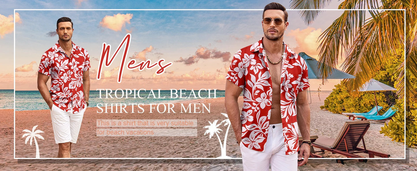 Men's Summer Patchwork Printed Button  Sleeve Shirt Tropical Vacation