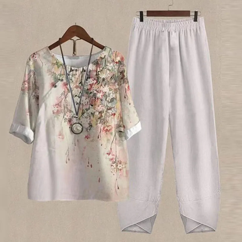 Summer 2 Piece Set Sleeve Shirt Top High Waist Pant